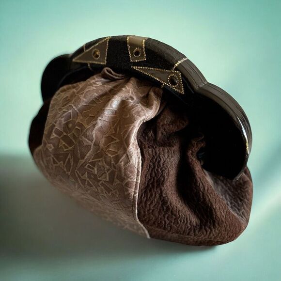 Vintage Patchwork Leather Wooden Handle Clutch With Stones - Picture 2 of 11